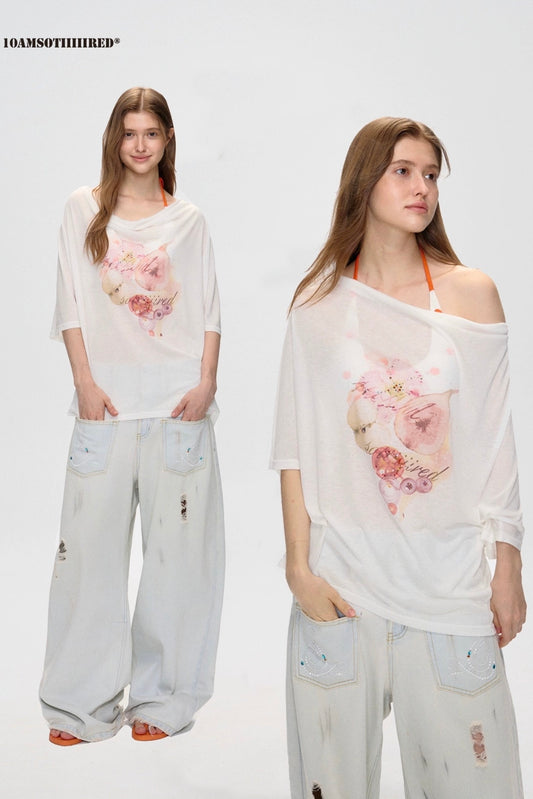 Lyocell Tencel Printed Rhinestone Top - Elbow Sleeve