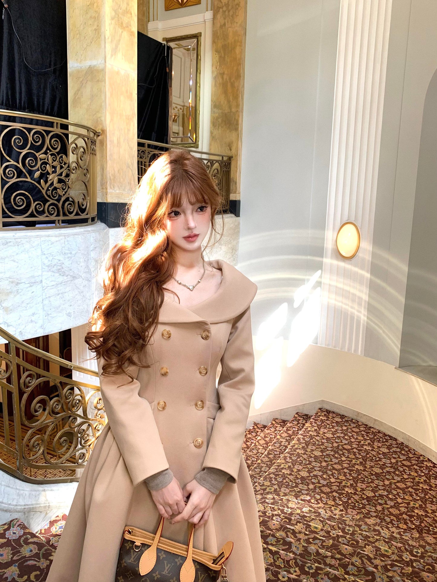 Beige Faux Fur Collar Flared Maxi Princess Coat