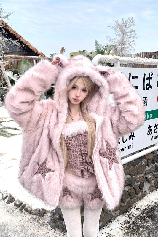 Leopard print tube top faux fur coat shorts set