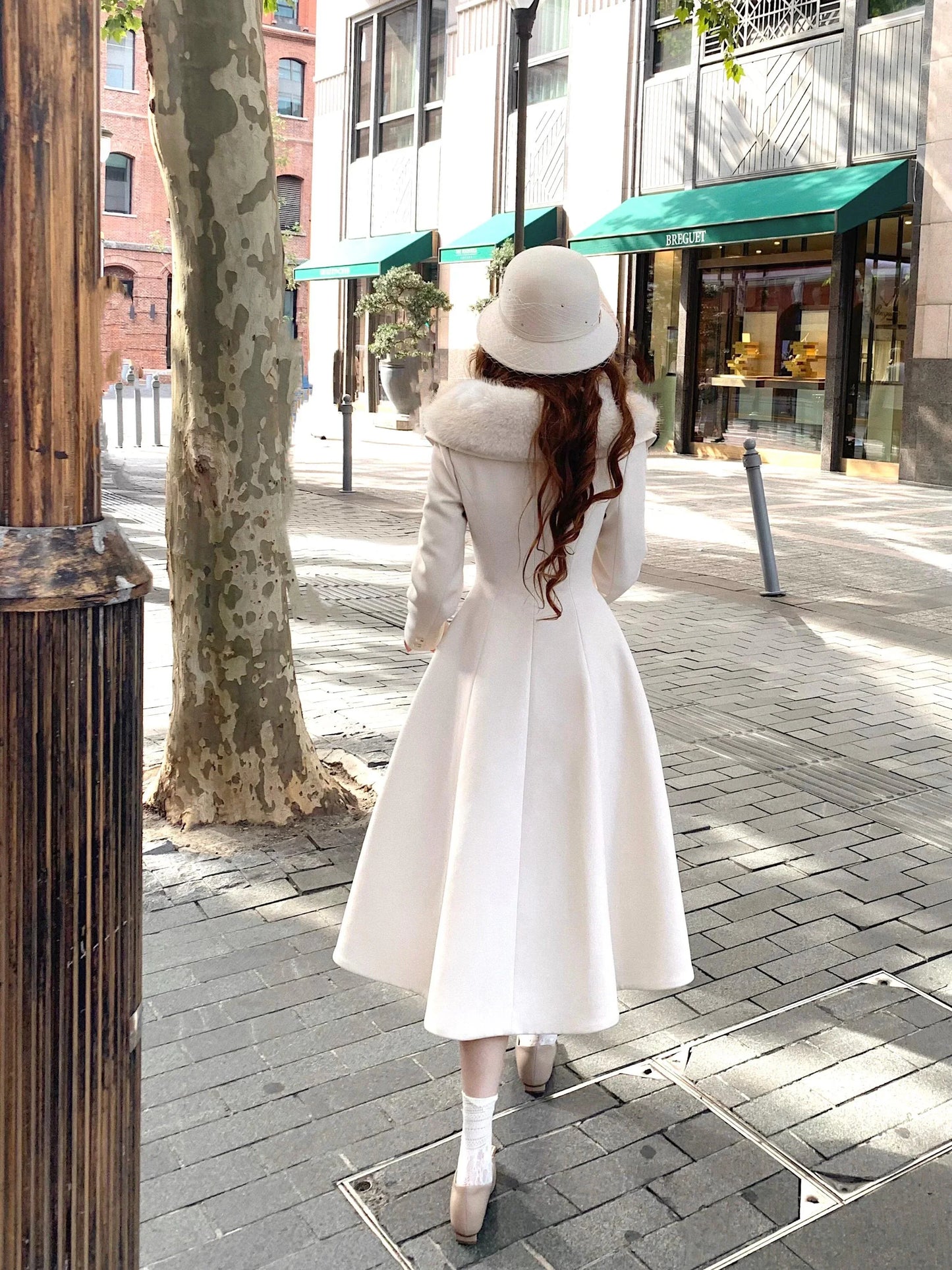 Ivory Faux Fur Collar Maxi Flare Coat