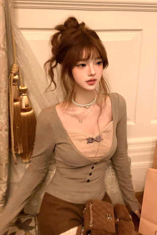 Lace Bow Faux Layer Top