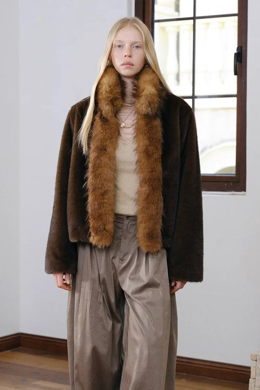 Stitched faux fur stand-up collar coat