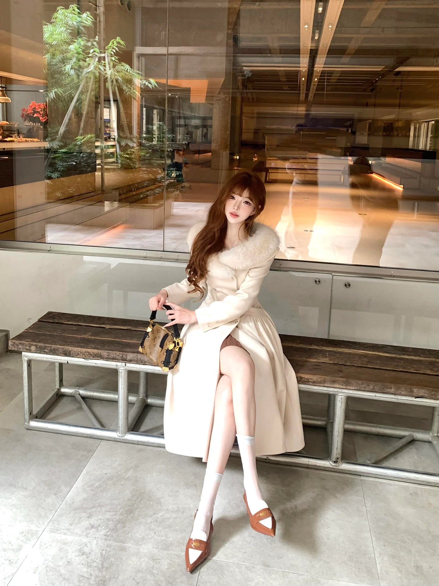 Ivory Faux Fur Collar Maxi Flare Coat