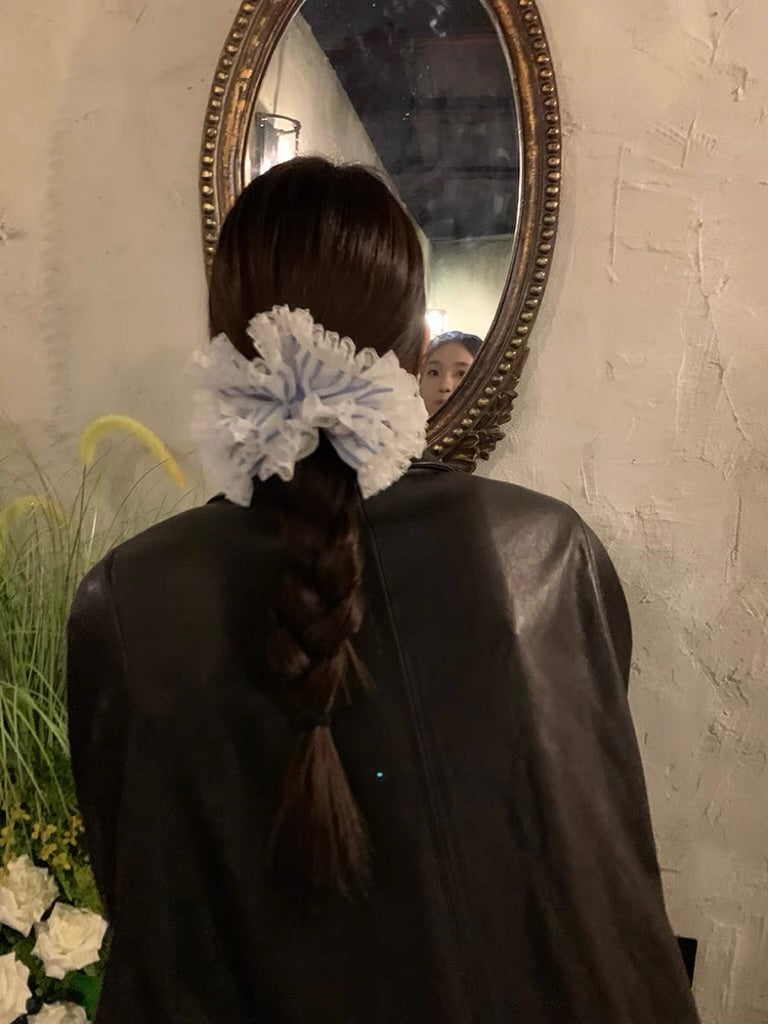 Blue and white lace scrunchie