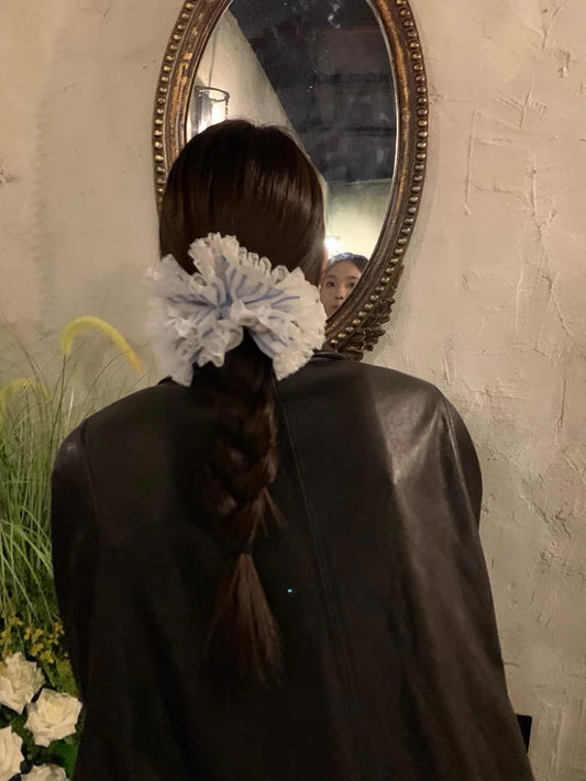 Blue and white lace scrunchie