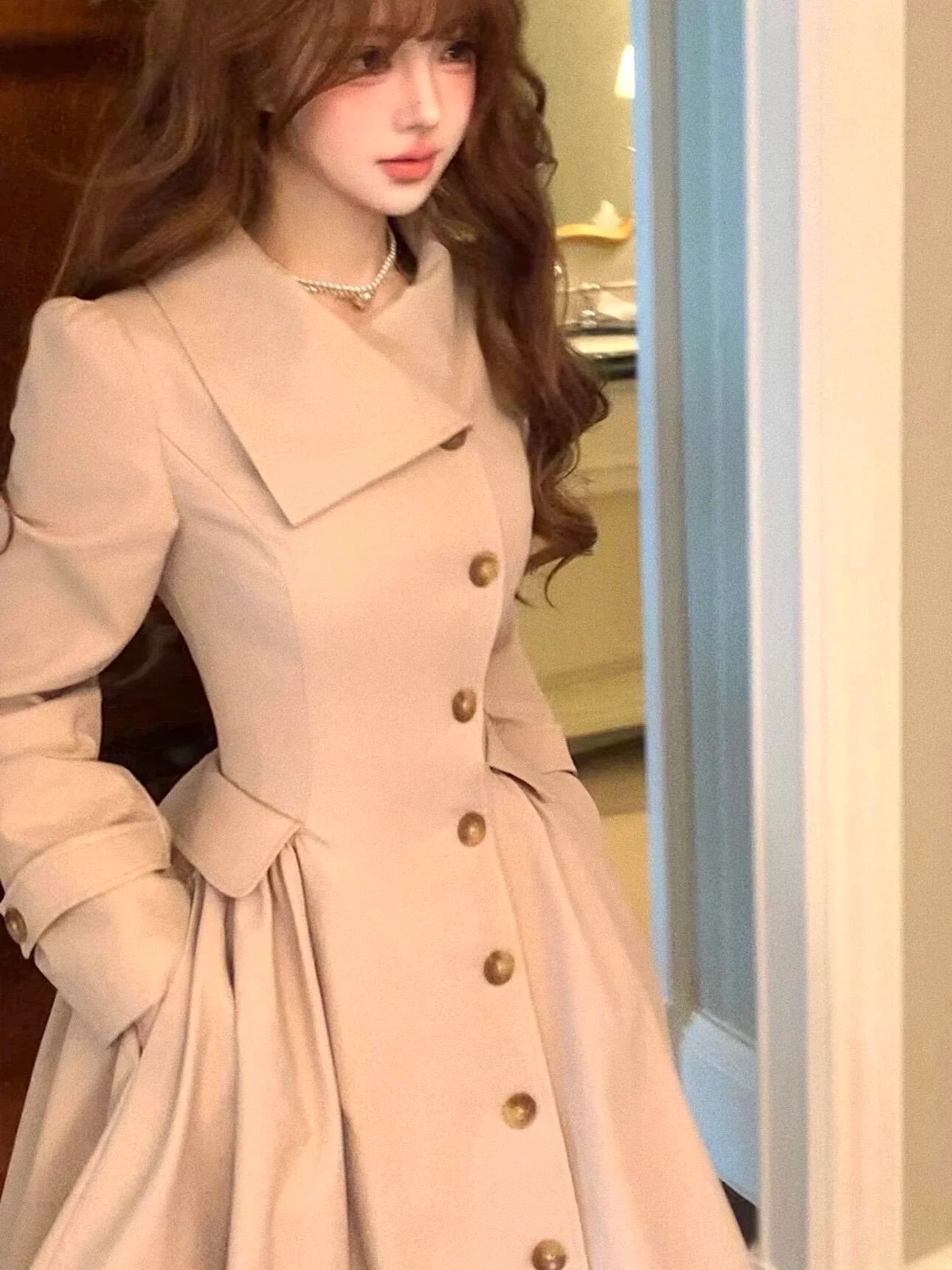 Beige Princess Style Waist Tie Trench Coat