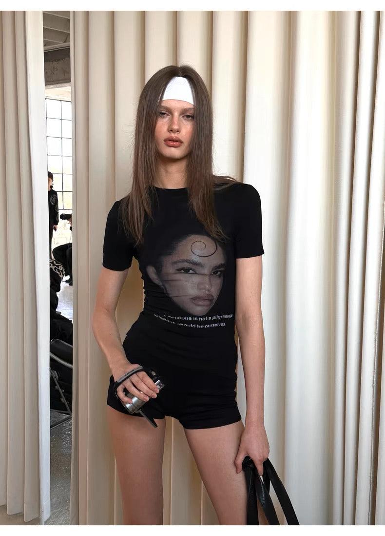 Black Portrait Print T-Shirt