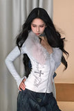 Cross print fur collar long sleeved T-shirt