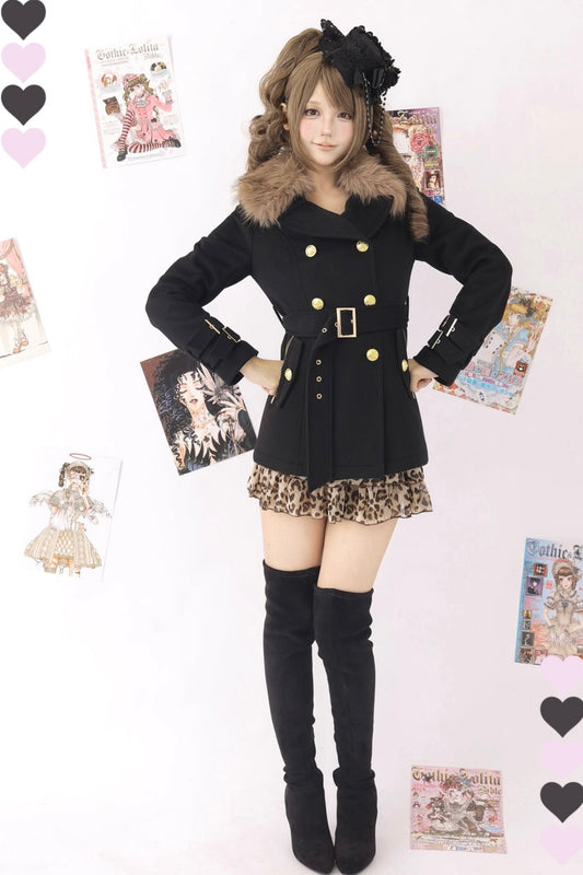Double breasted woolen coat with fur collar