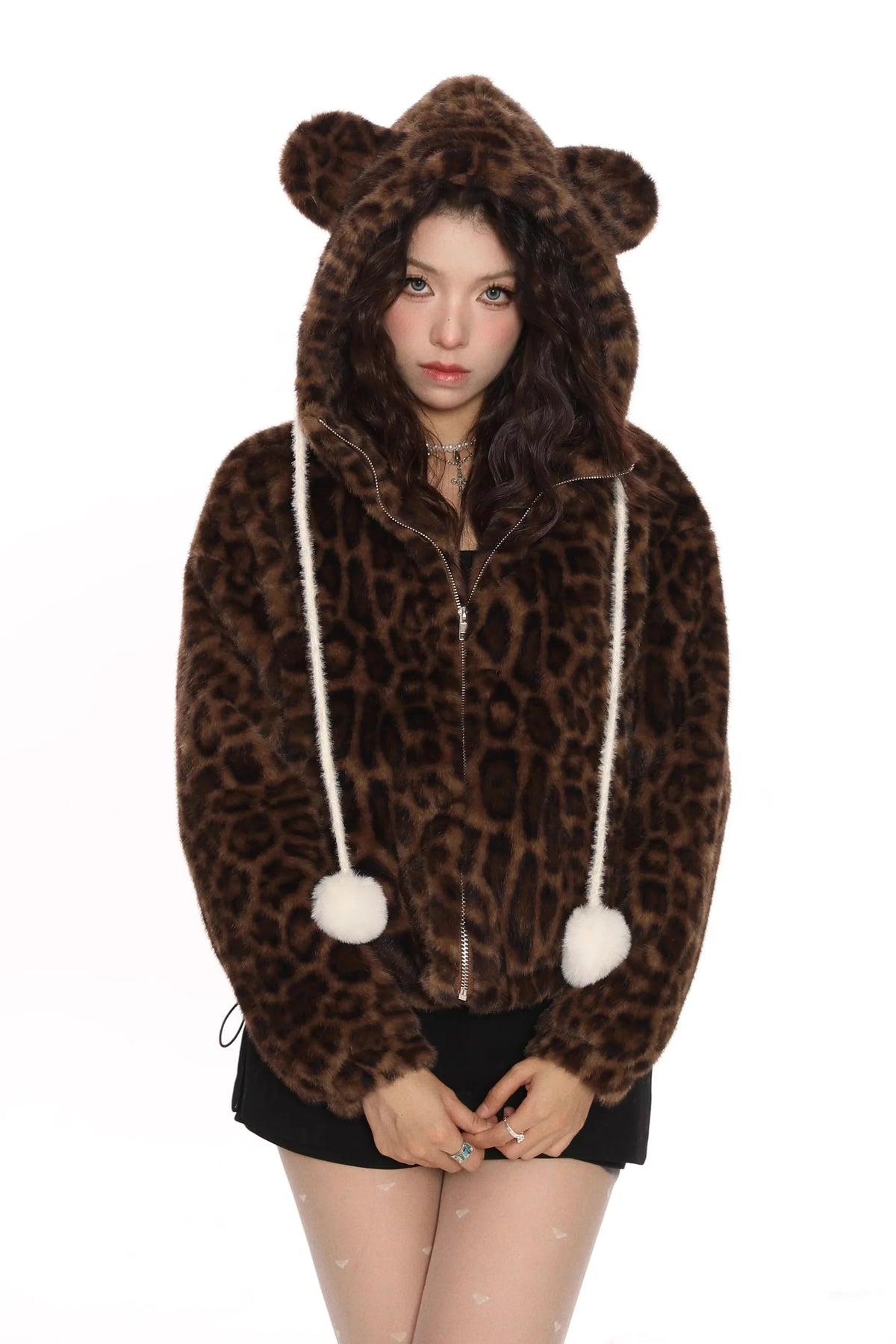 Hooded teddy bear ear leopard print cotton jacket