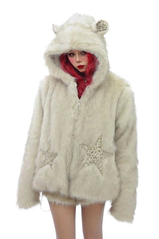 Cat ear hooded cotton jacket cami shorts set