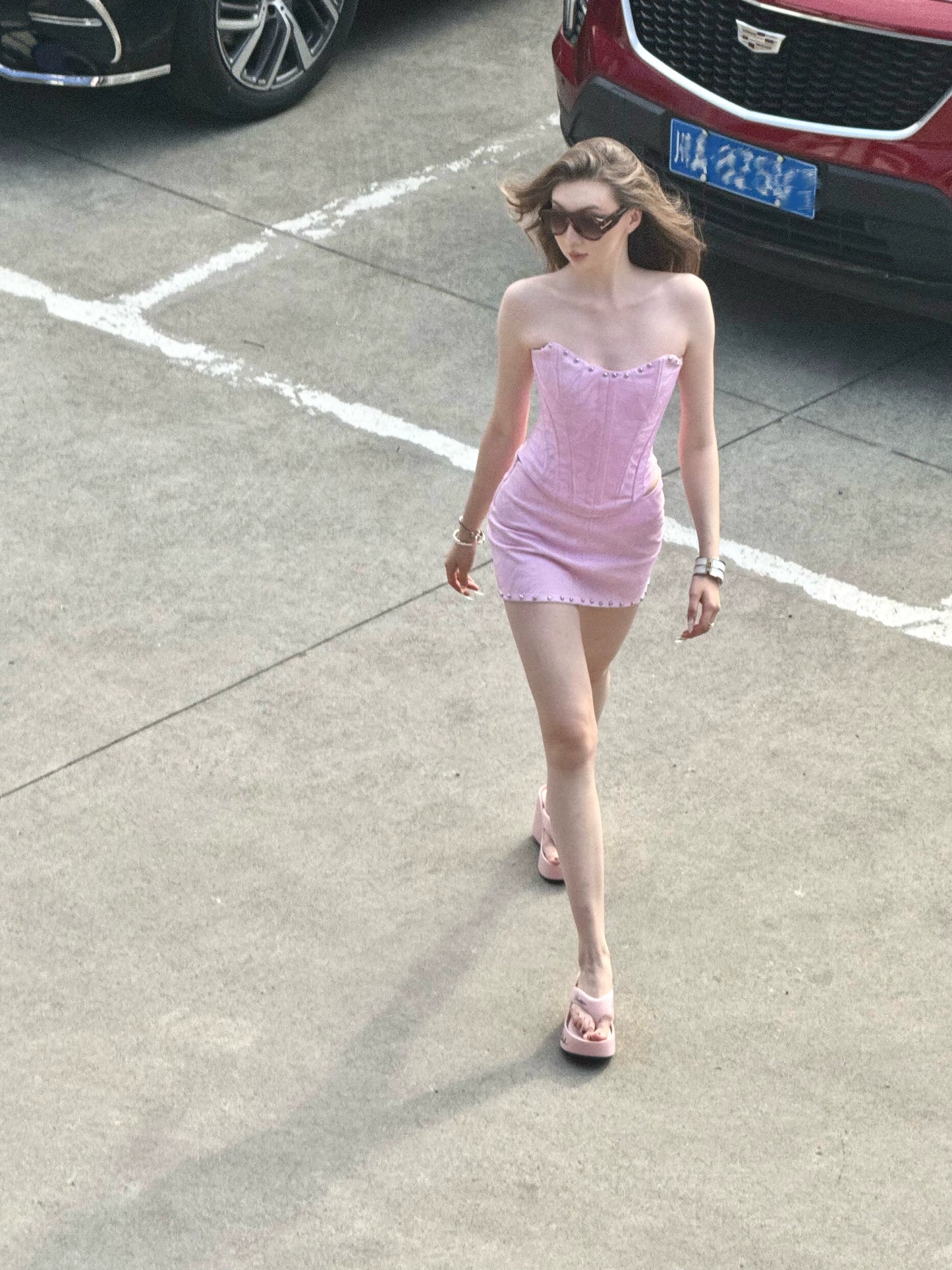 Rivet pink fishbone corset mini skirt set