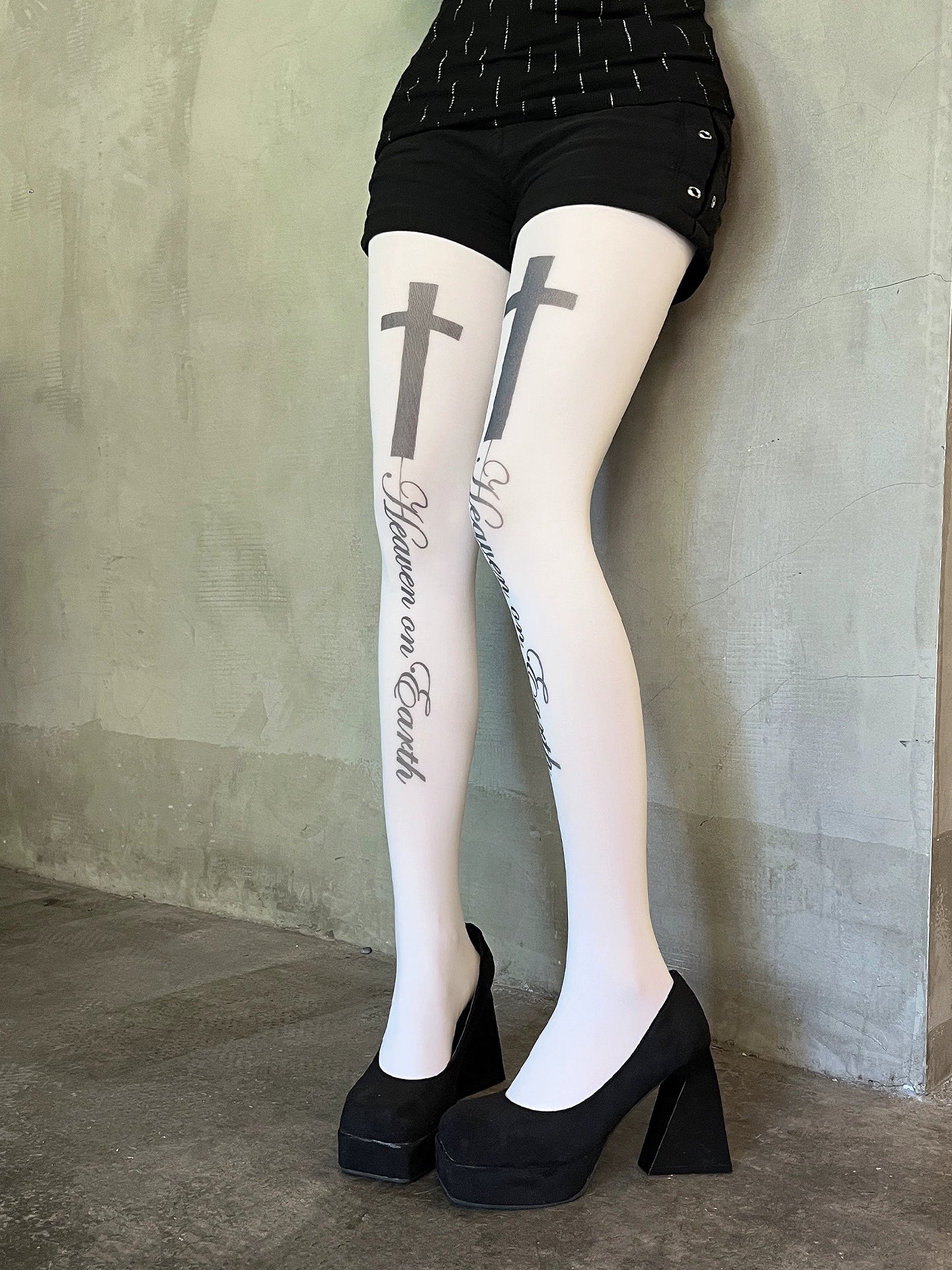 White cross letter printed pantyhose