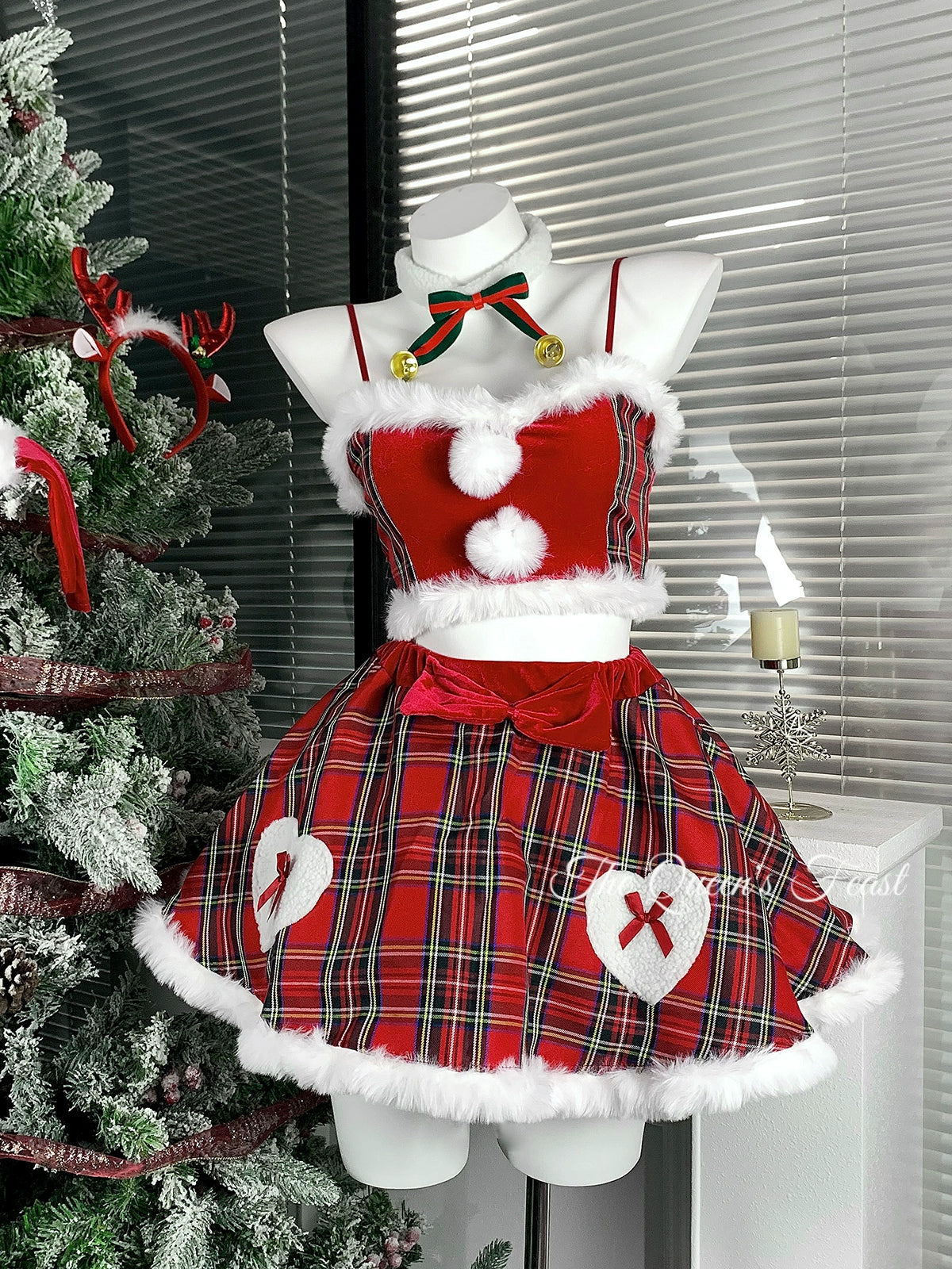 Snow Mountain Deer | Christmas Dress Checkered Velvet Set