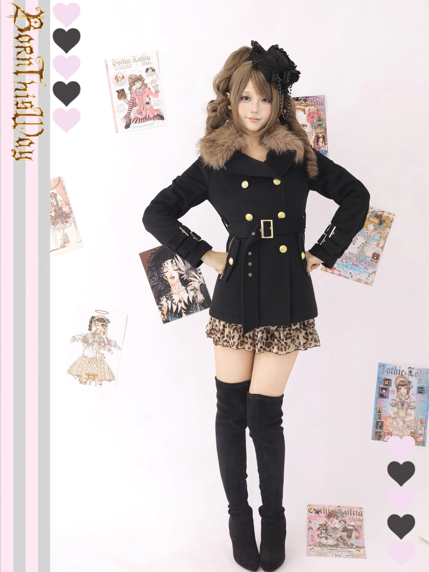 Double breasted woolen coat with fur collar