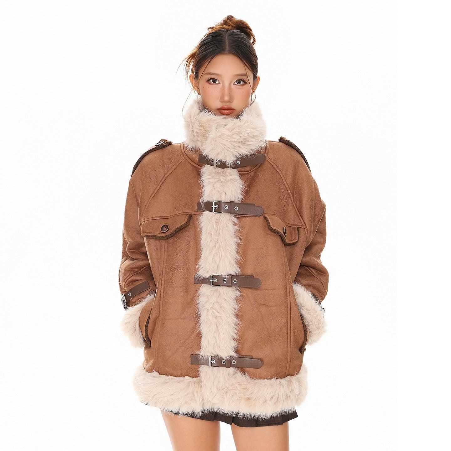 Woolen collar spliced cotton jacket