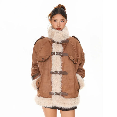 Woolen collar spliced cotton jacket