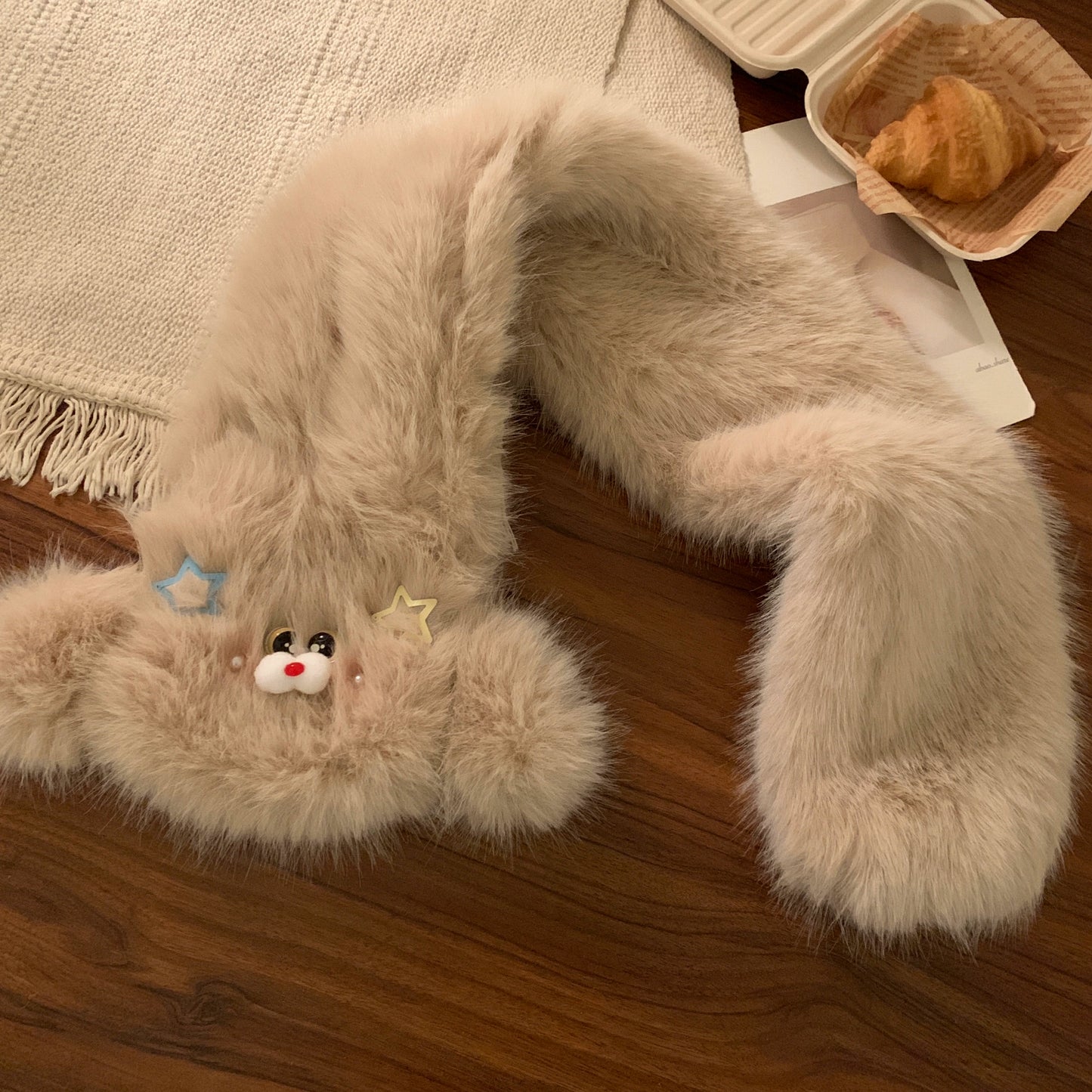 Cute bow dog plush hat scarf in one