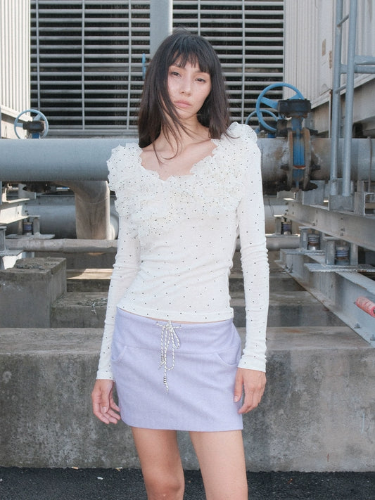 Wave dot fungus lace elastic low neck long sleeved base T-shirt