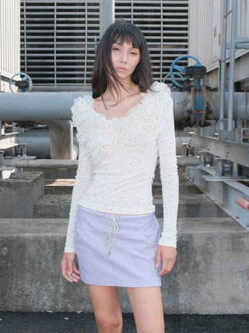 Wave dot fungus lace elastic low neck long sleeved base T-shirt