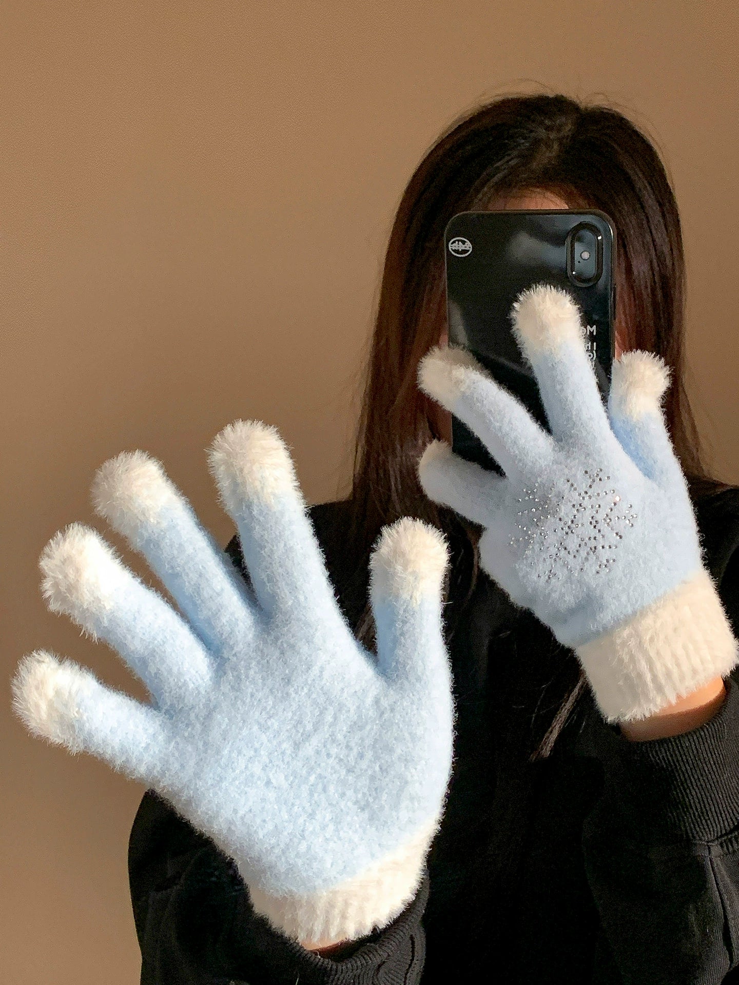Blue rhinestone snowflake plush knitted gloves