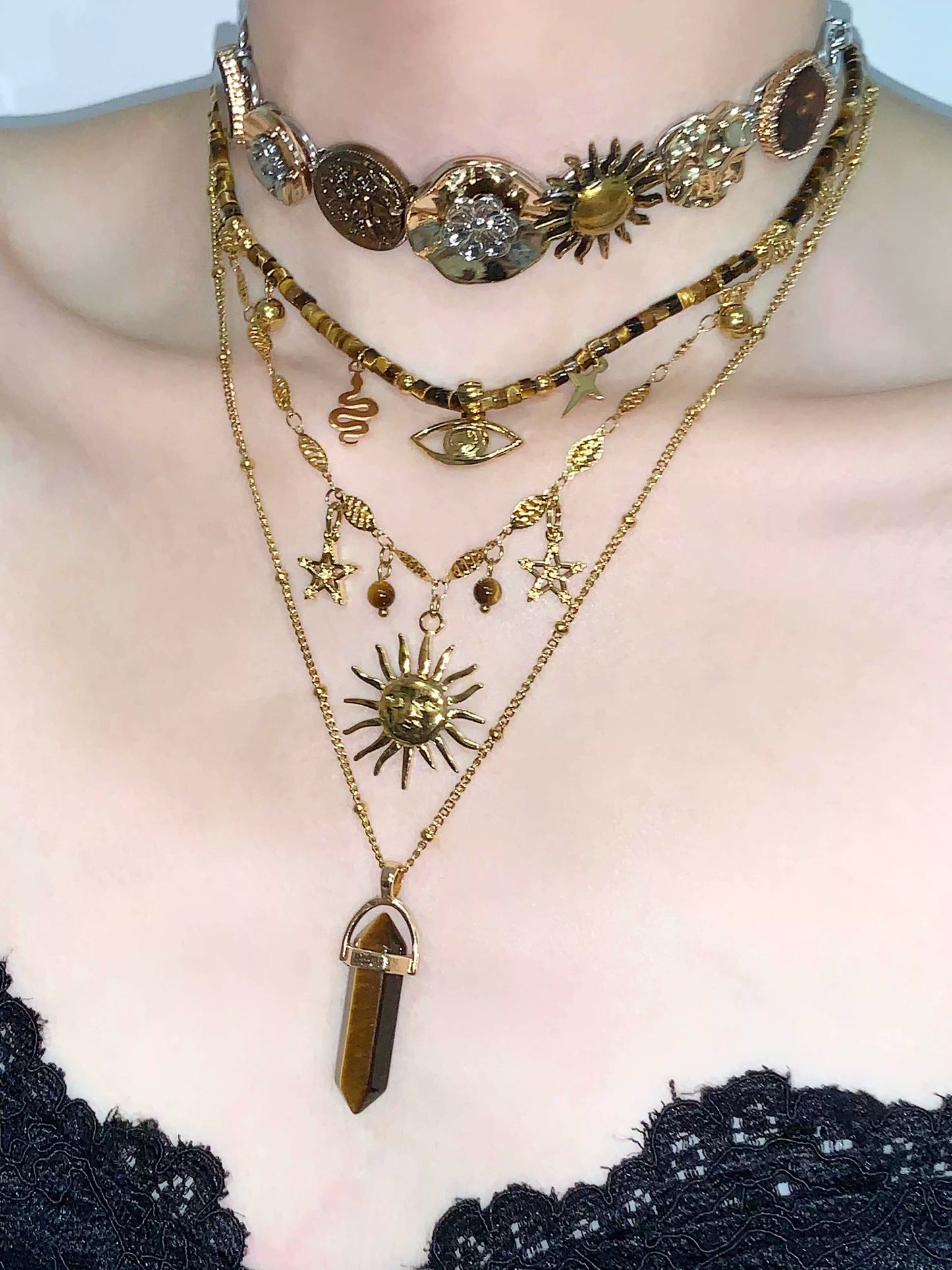 Prometheus Retro Tiger Eye Brown Starry Sun Multi Layer Stacked Necklace