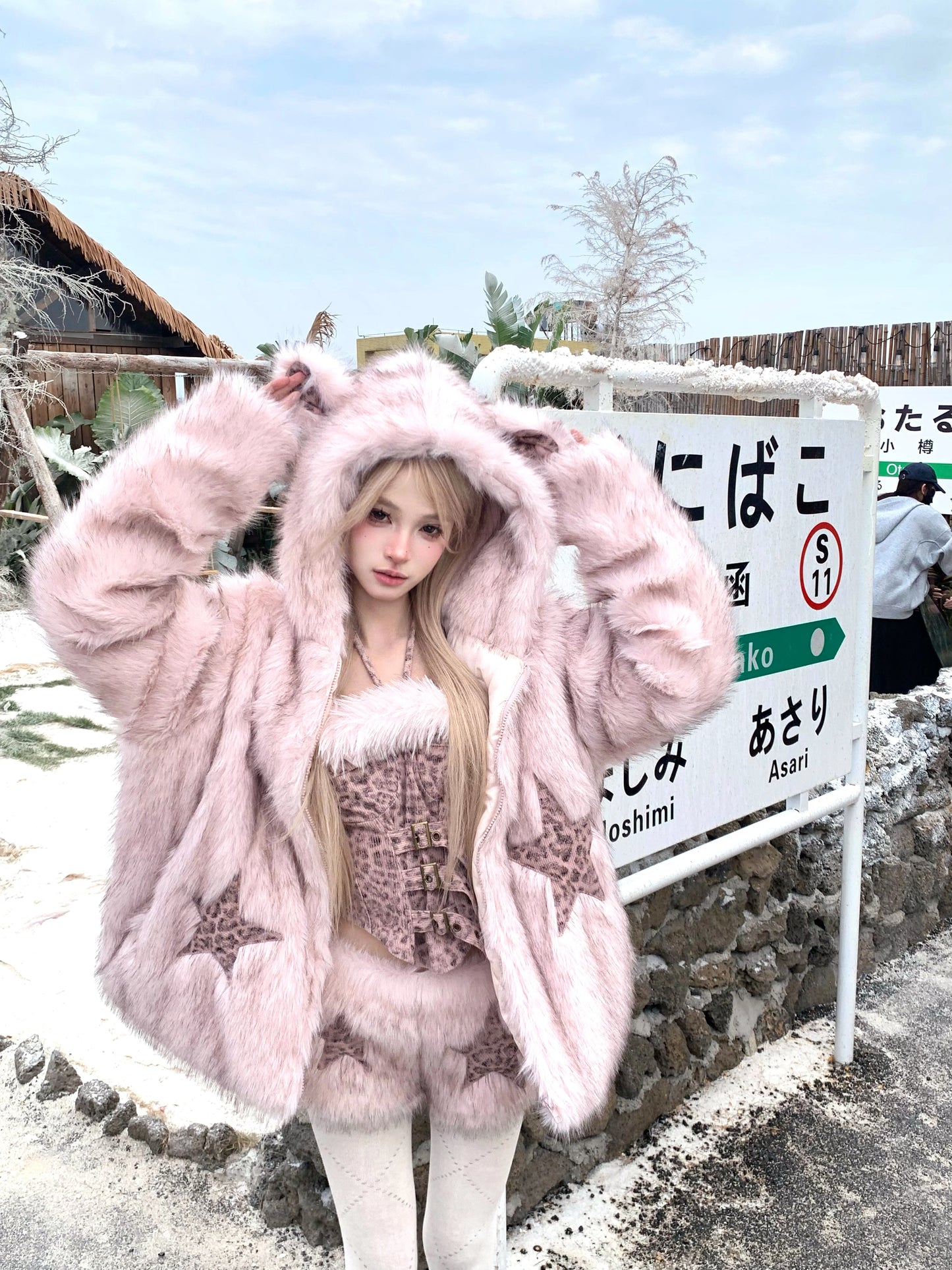 Leopard print tube top faux fur coat shorts set