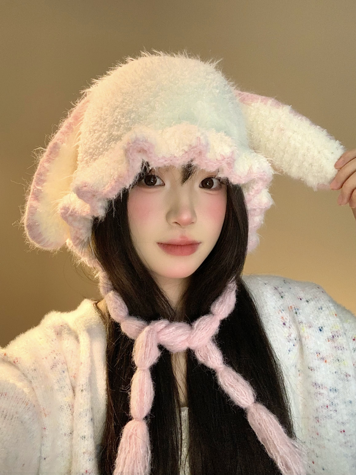 Pink rabbit ear plush knitted ear protection cap