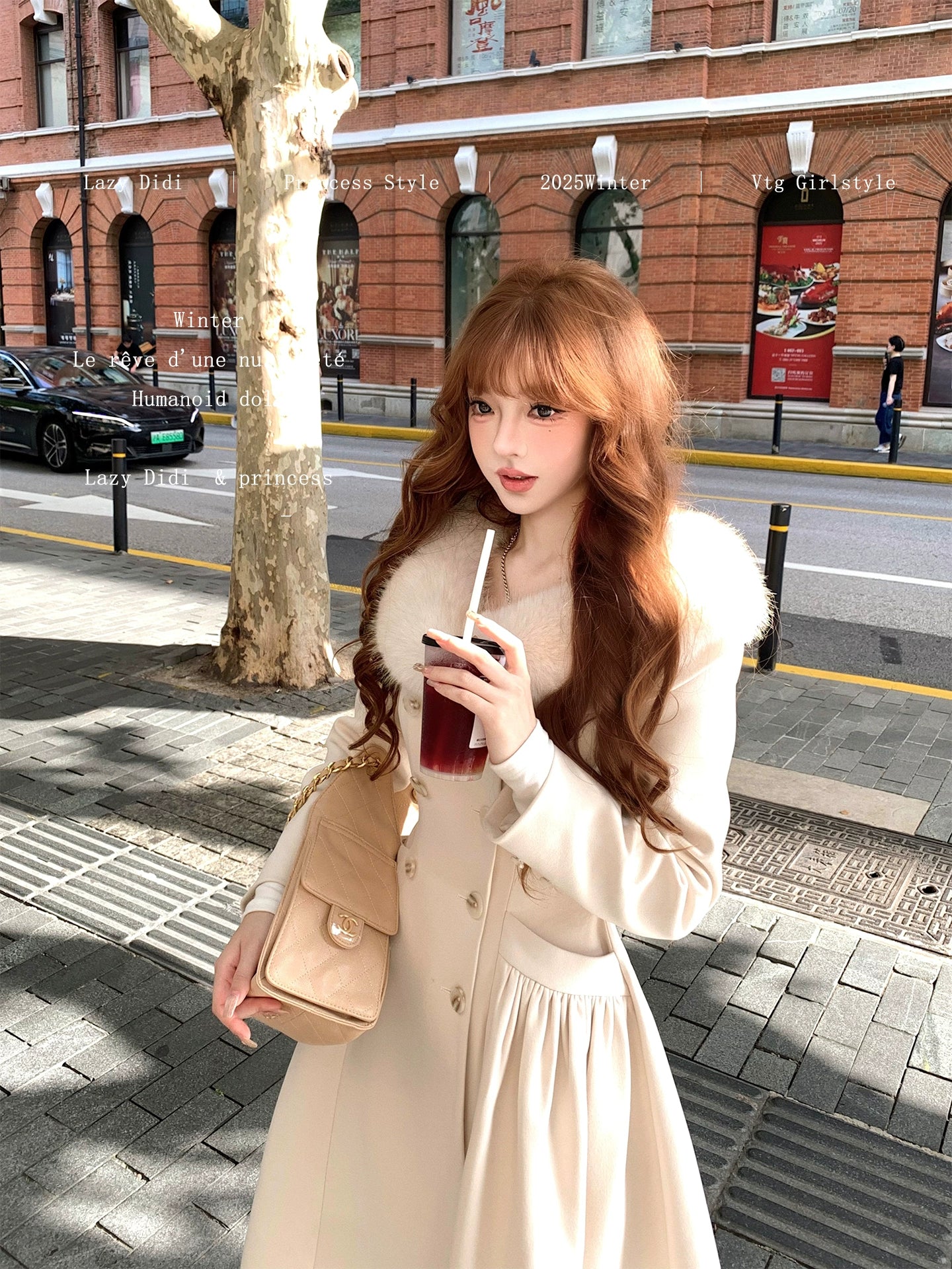Beige Faux Fur Collar Flared Maxi Princess Coat