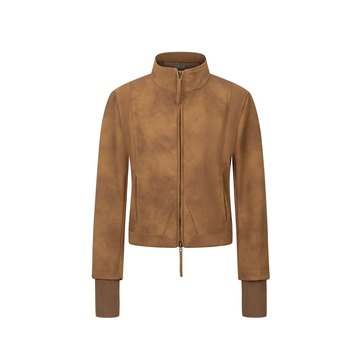 Stand up collar double zipper suede jacket