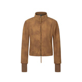 Stand up collar double zipper suede jacket