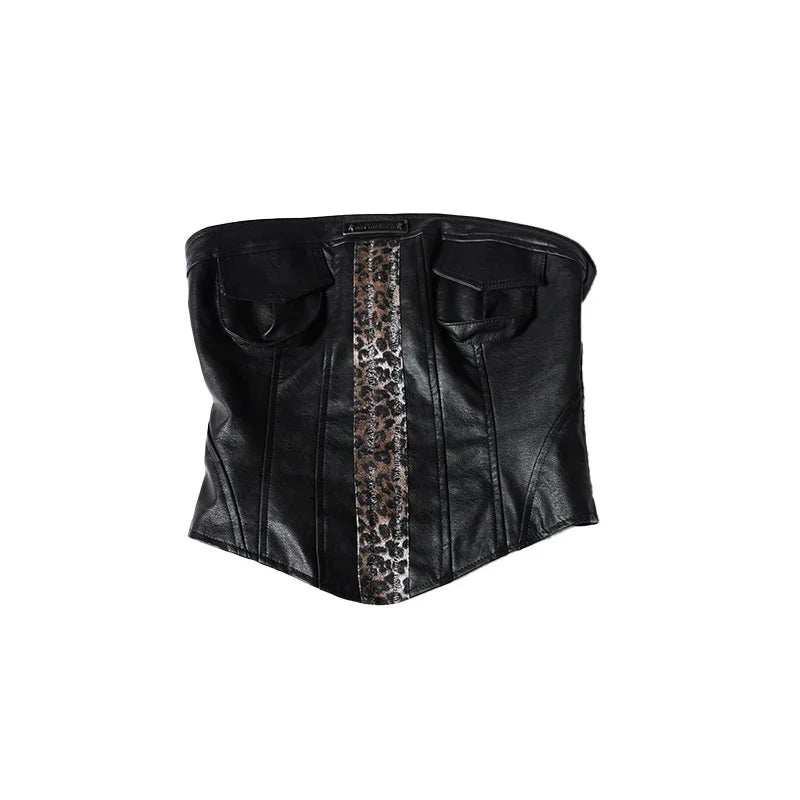 Y2K Shibuya Spice Girl Leather Leopard Print Two-Piece Set