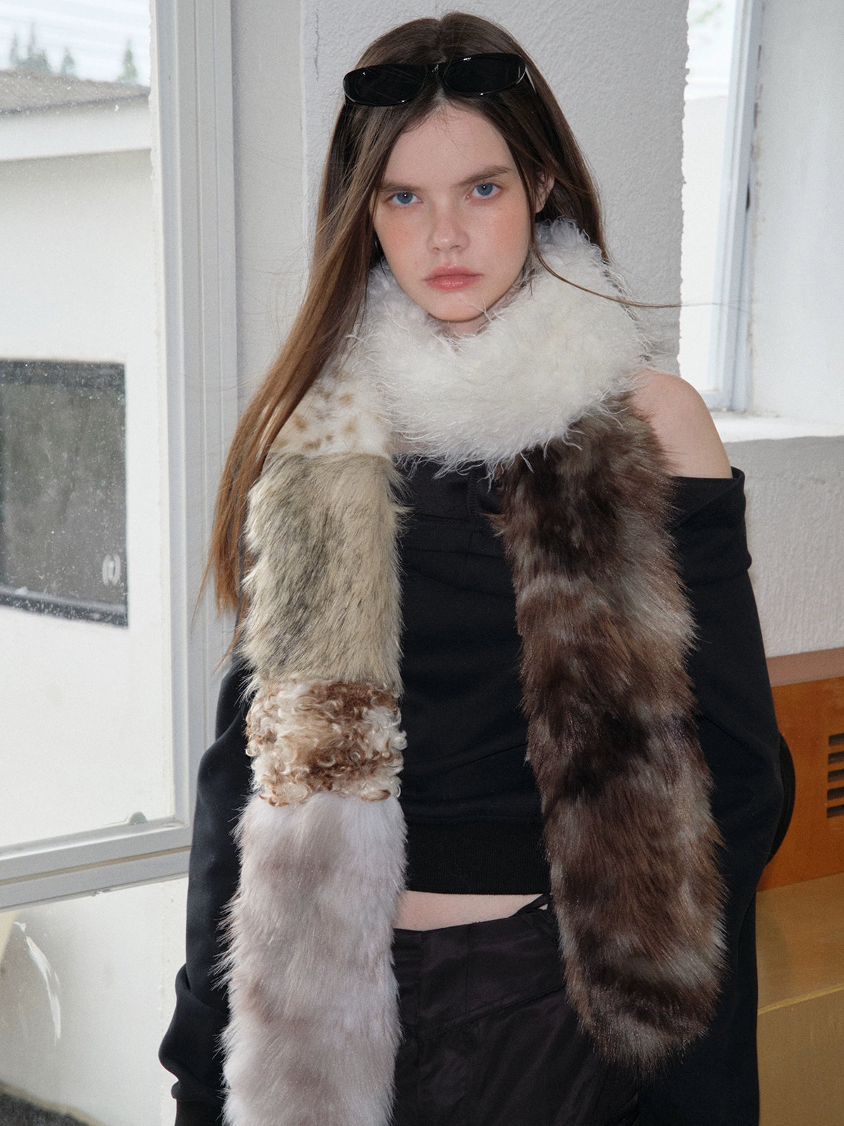 Imitation fur patchwork scarf leopard print