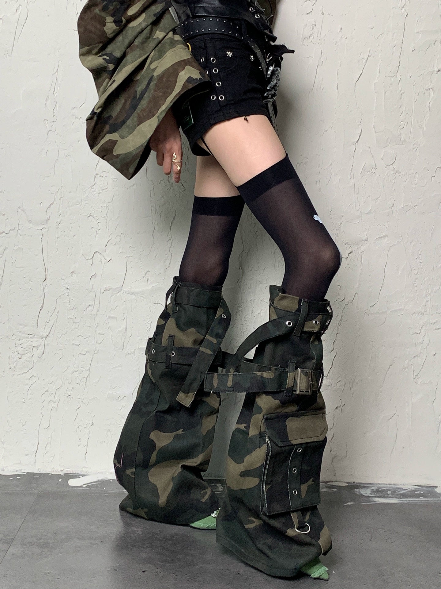 Y2K Apocalypse Sweetheart~White Bottom Black Cross Strap x Camouflage Punk Socks