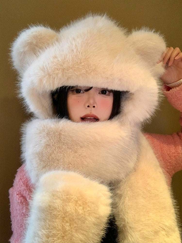 Cute little bear with ears, hat, scarf in one