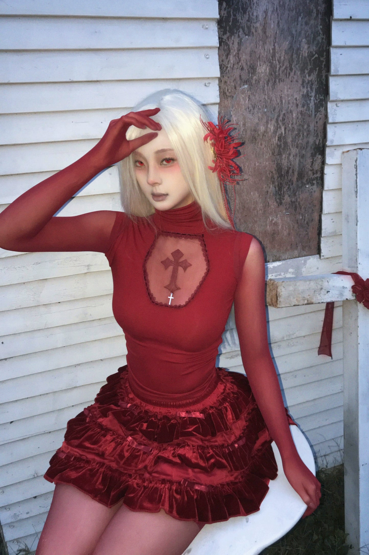 Wine Red Gothic Cross Hollow Modal High Collar Bottom Shirt