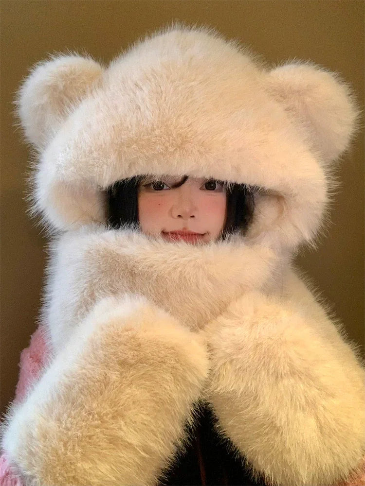 Cute little bear with ears, hat, scarf in one