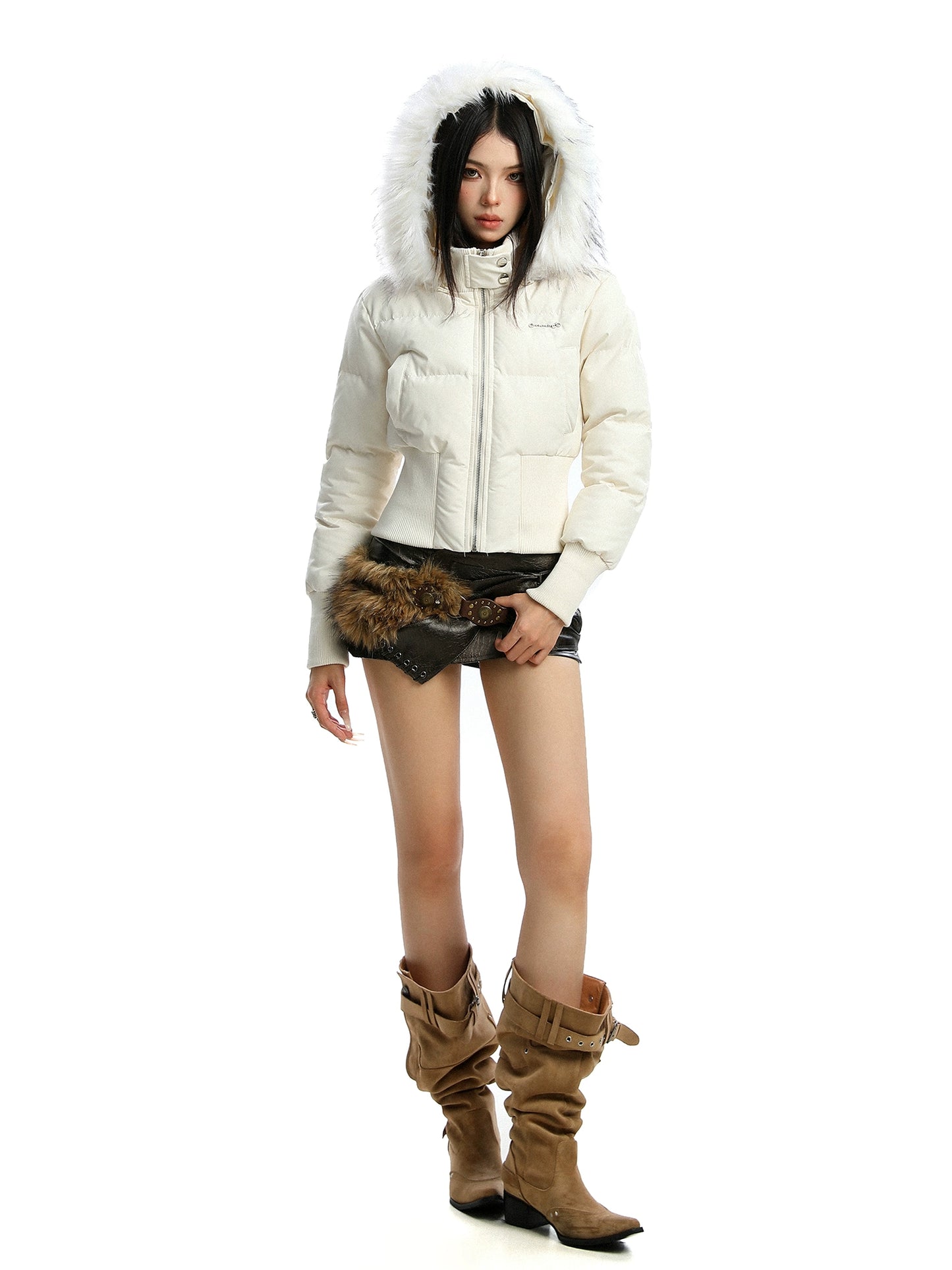 Detachable fur collar hooded short cotton padded coat