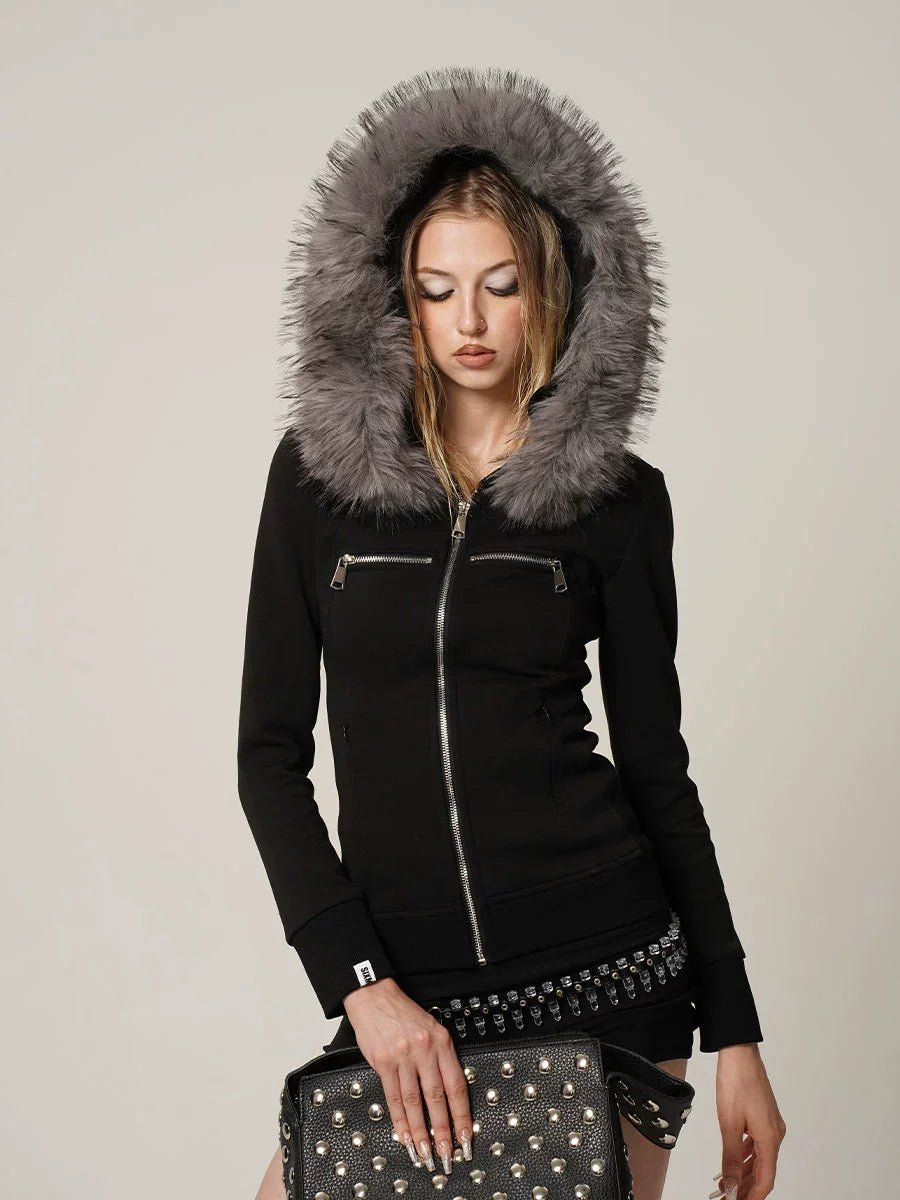 Black and white hoodie jacket with detachable fur collar