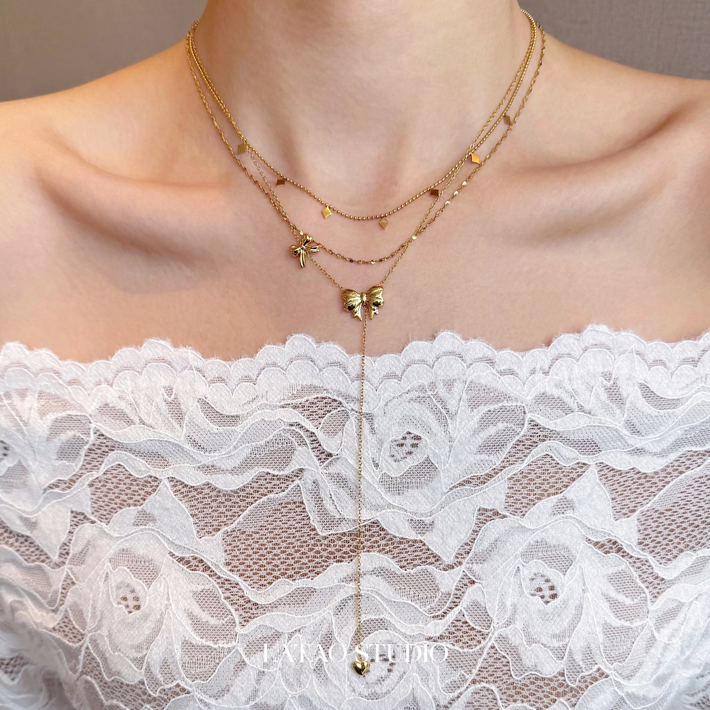 Dream Butterfly "Golden Bow Multi layered Long tassel Necklace