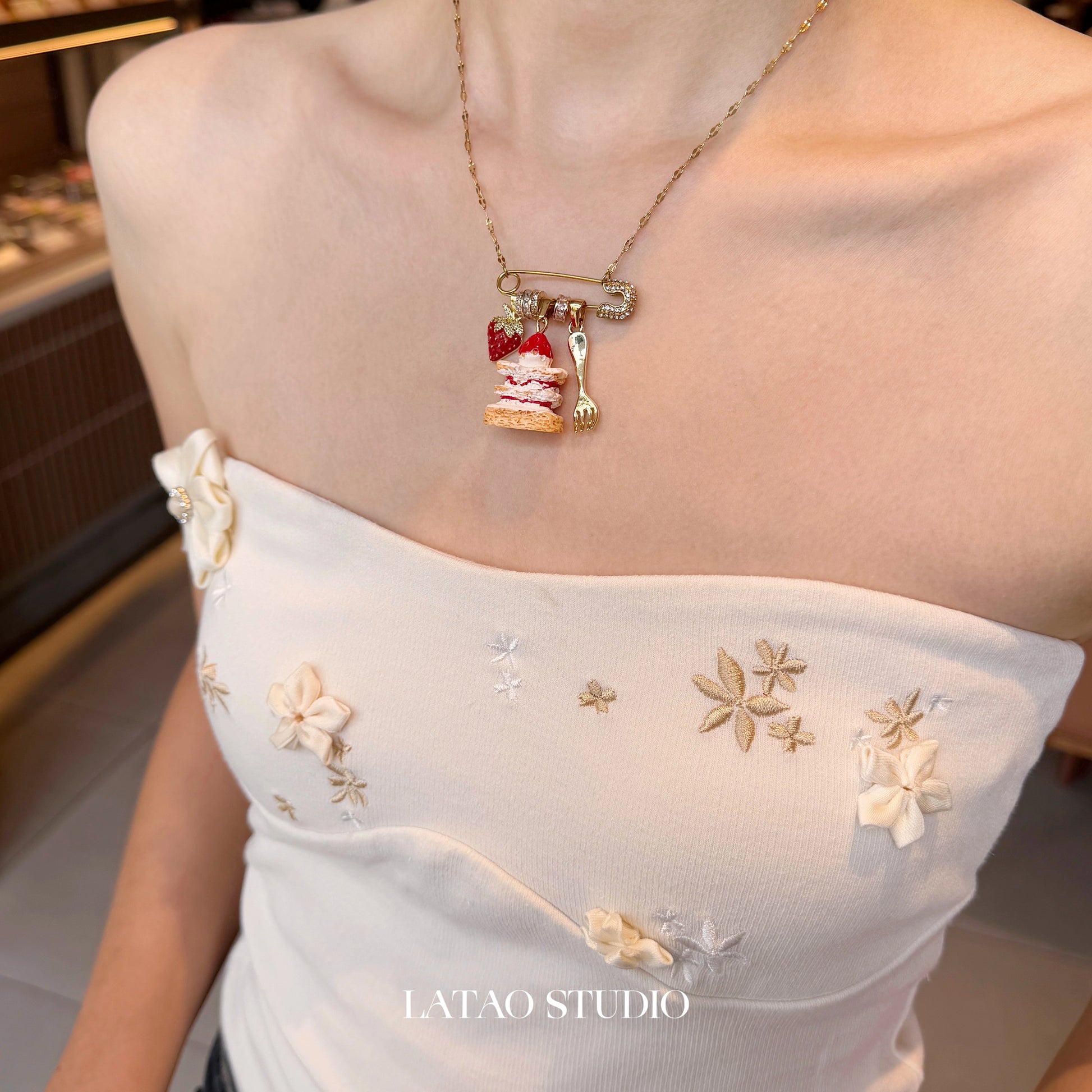 Mousse Golden Strawberry Cake Paper Clip Zircon Necklace