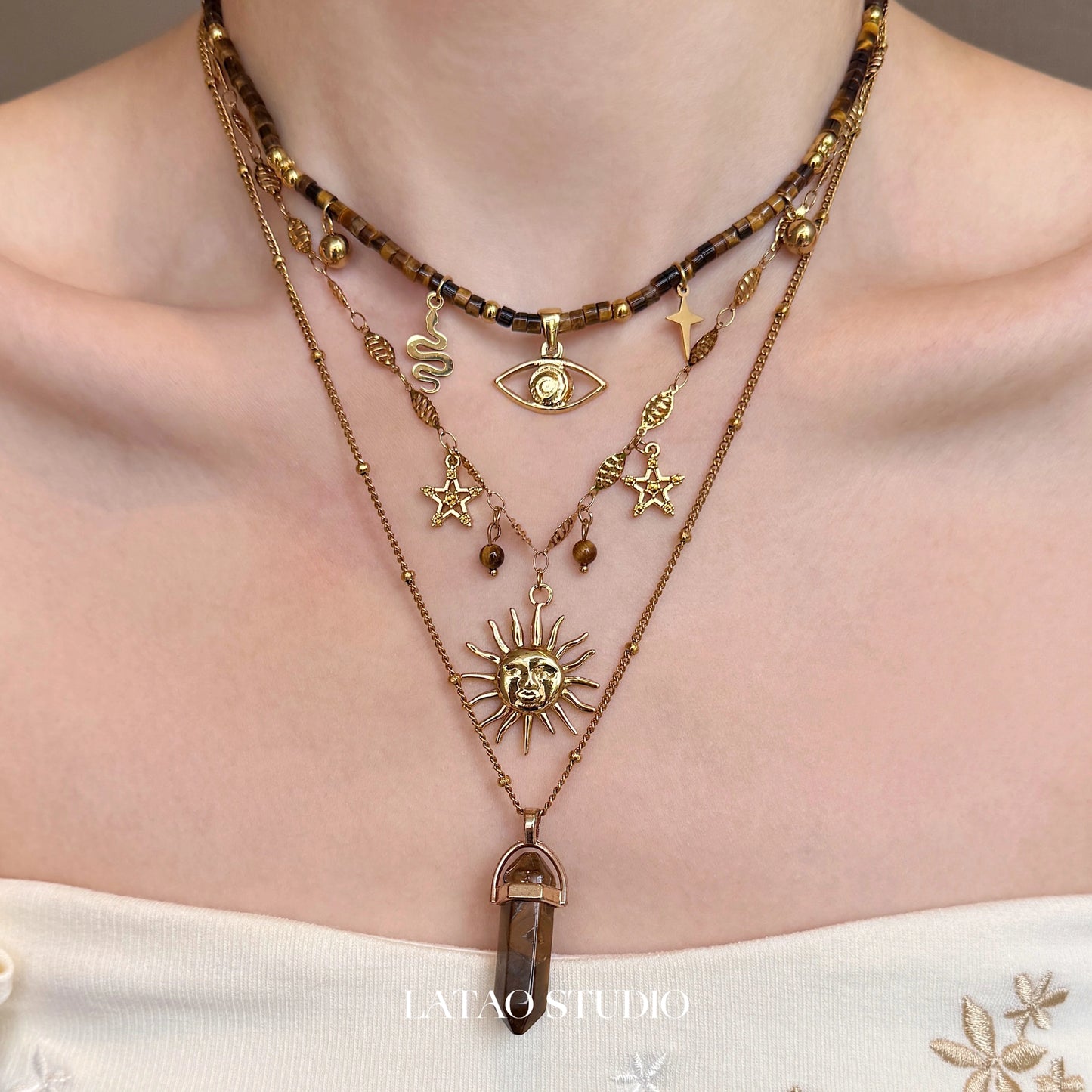 Prometheus Retro Tiger Eye Brown Starry Sun Multi Layer Stacked Necklace
