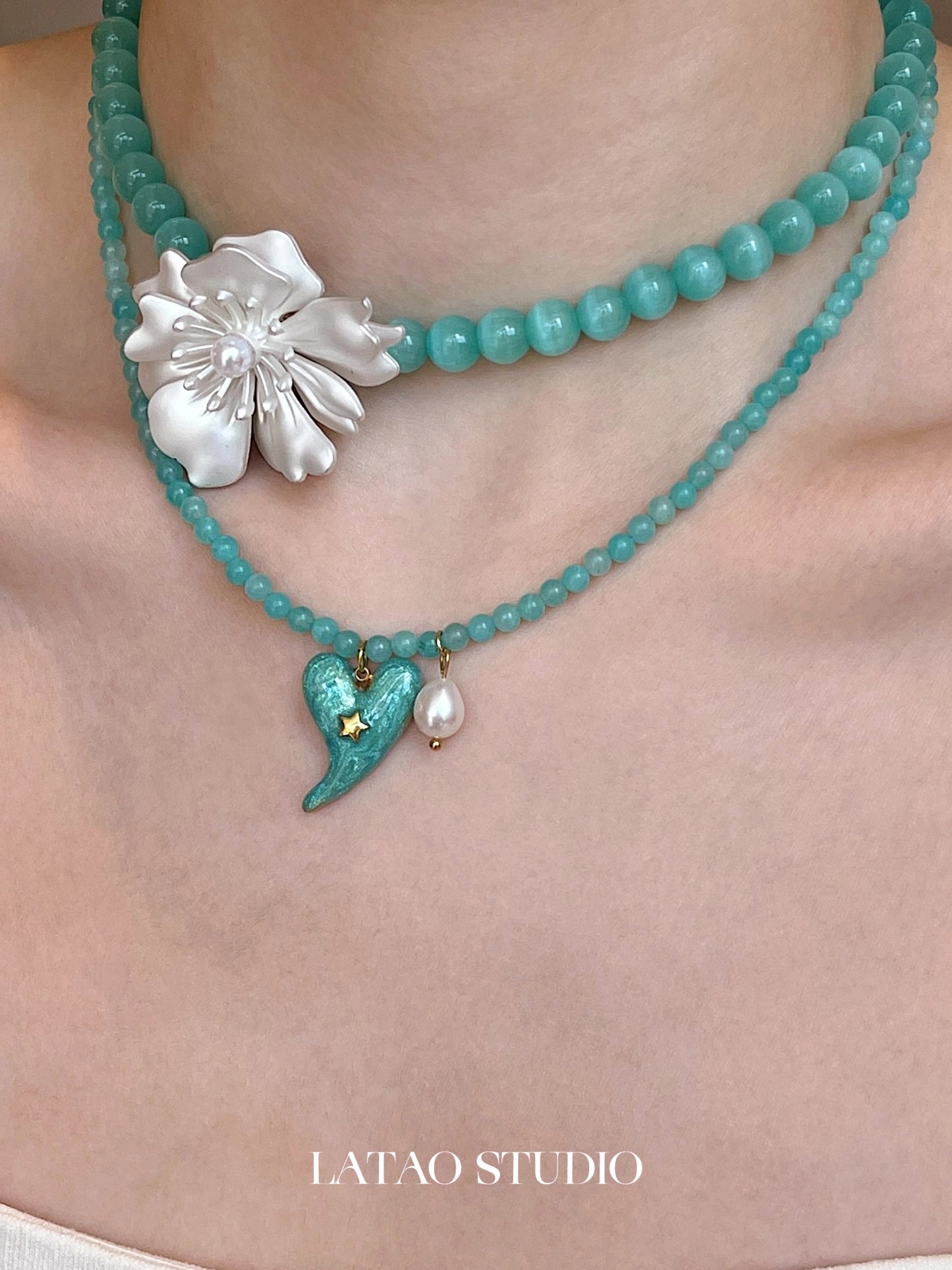 Xiaoqing Flower Love Pearl Cat Eye Tianhe Stone Bead Necklace