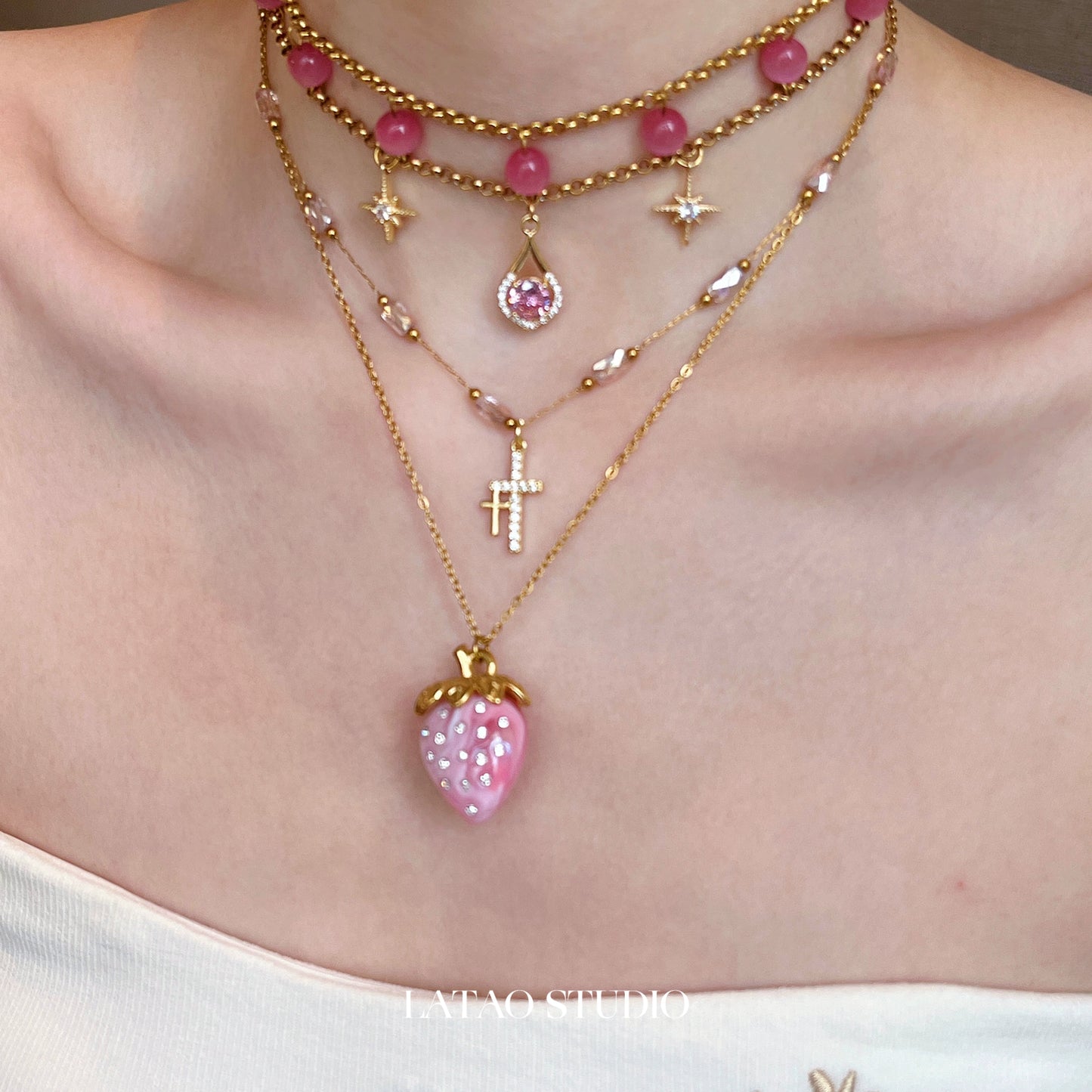 Pink Cat Eye Cross Strawberry Titanium Steel Necklace