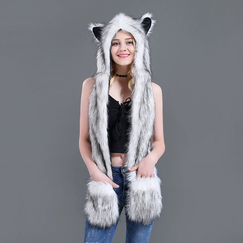 Plush hat faux fur scarf, gloves in one