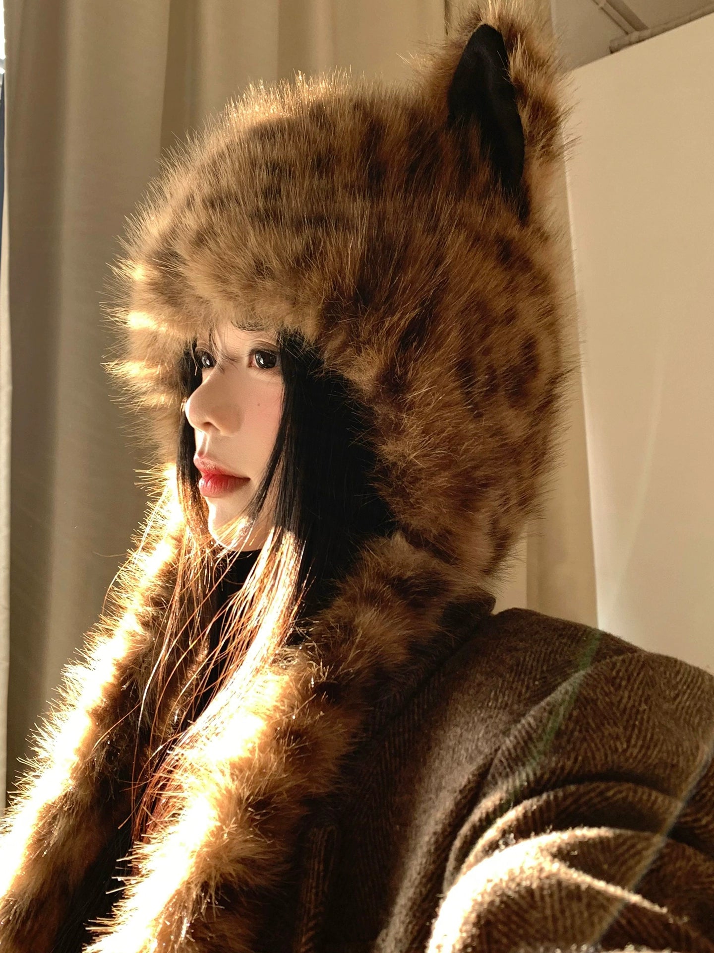 Cute leopard print fox ears plush hat scarf in one