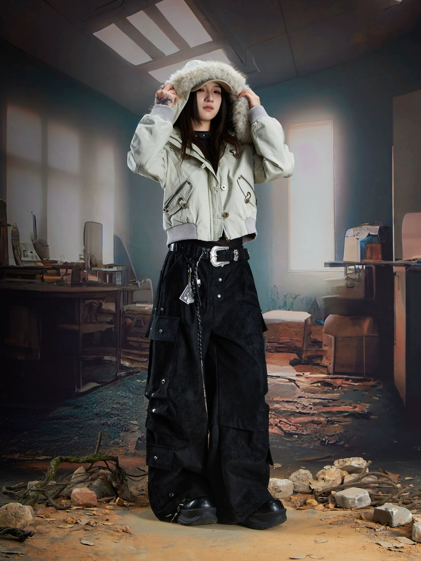 Detachable fur hooded punk jacket