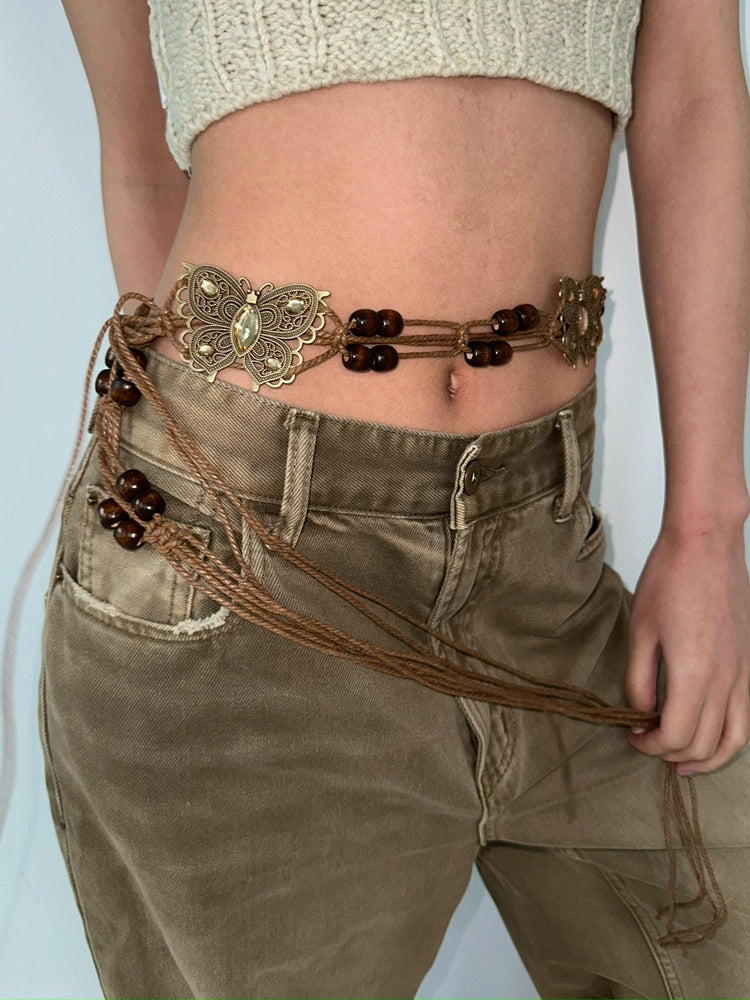 Bohemian ethnic style butterfly wood bead wax rope hand woven belt