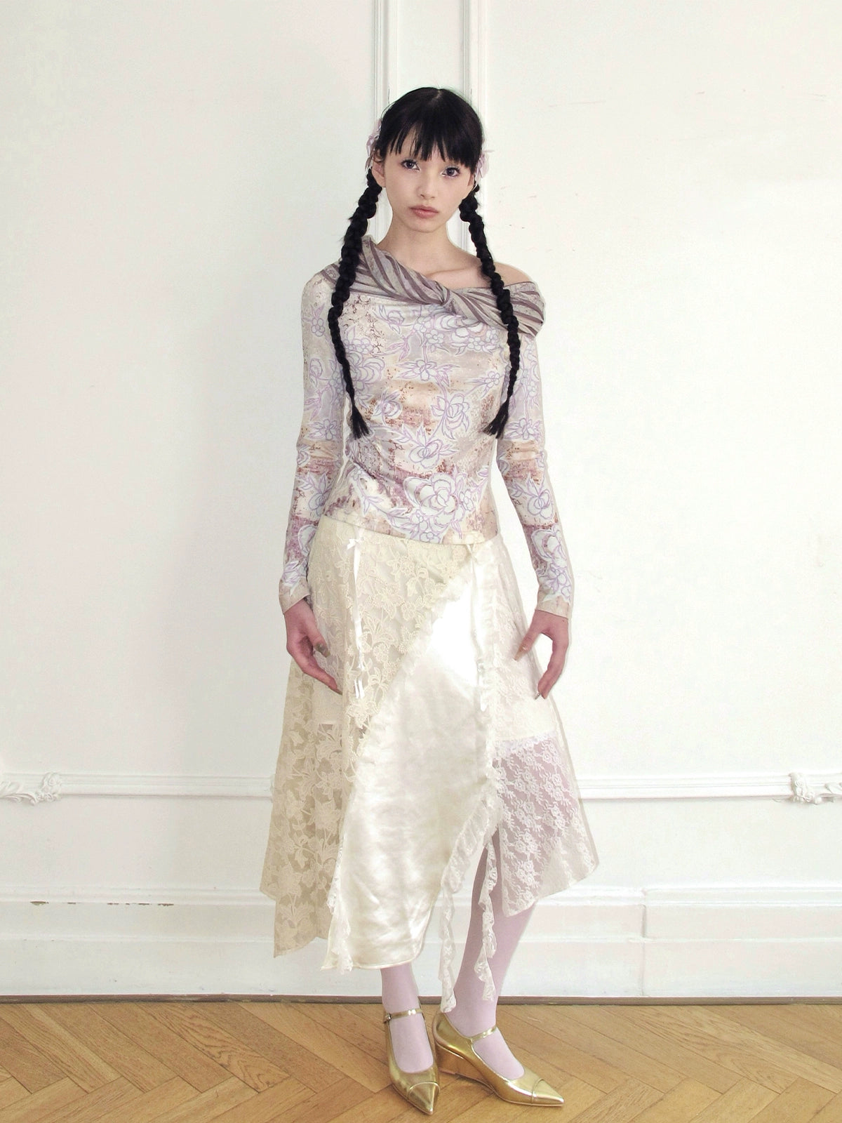 Wrapped floral pleated long sleeved T-shirt top