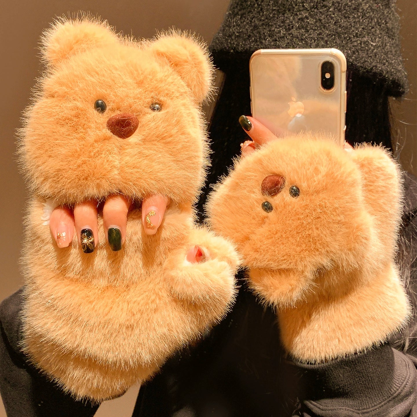 Cute teddy bear flip half finger plush gloves